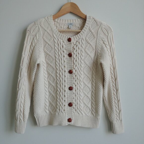 L.L. Bean Sweaters - L.L. Bean 100% cotton cream cable knit cardigan sweater fisherman Aran style